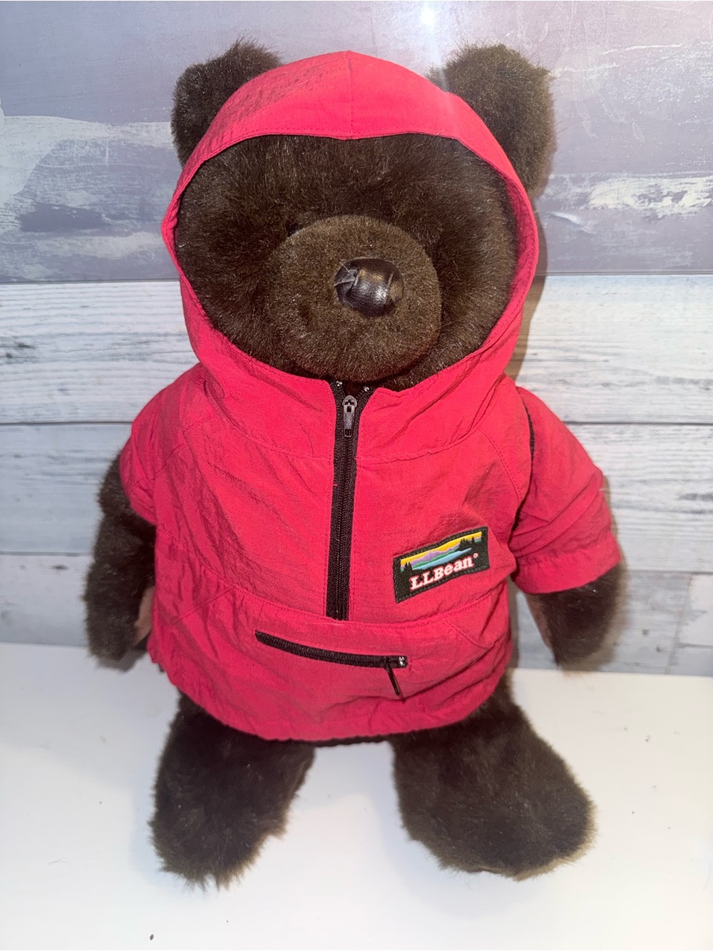 L.L. Bean Brown Plush Bear in Red Hooded Jacket with Backpack Vintage